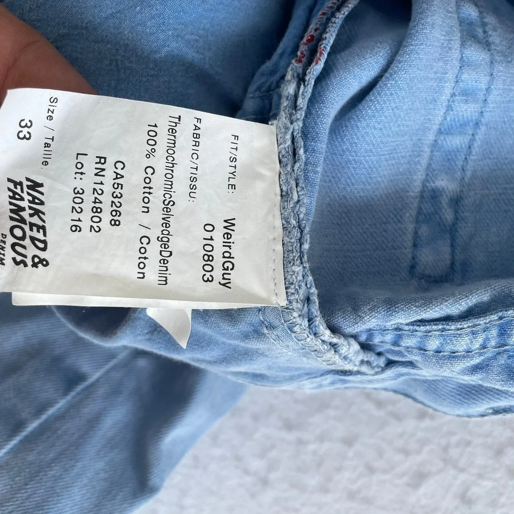 Naked & Famous Weird Guy Jeans Mens 33 Light Blue Thermochromic Selvedge Denim - Picture 7 of 11